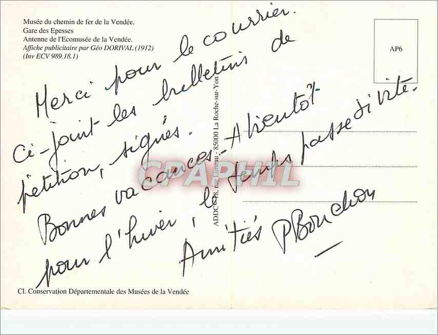 CPM Musee du chemin de fer de la Vendee Gare des Epesses Antenne de l'Ecomusee de la Vendee  — Rückseite