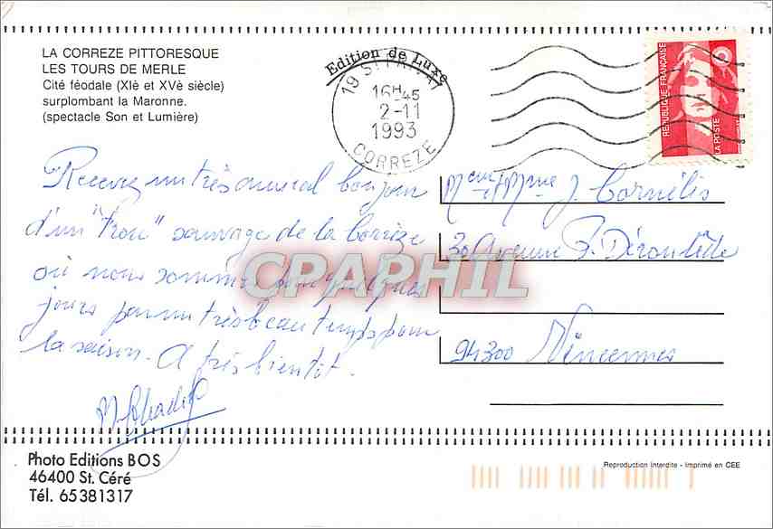 CPM Les Tours de Merle Cite feodale surplombant la Maronne  — Rückseite