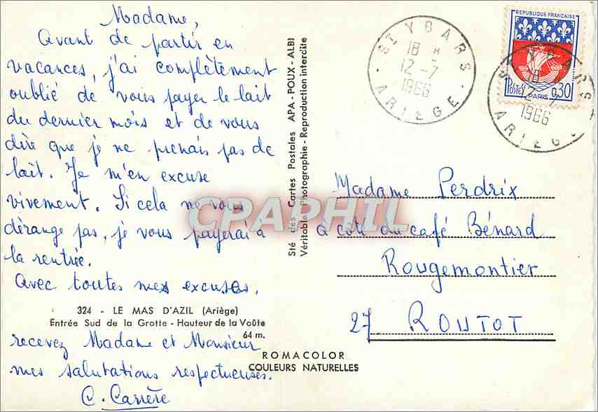 CPM Le Mas d'Azil Ariege Entree Sud de la Grotte Hauteau de la Vaute  — Rückseite