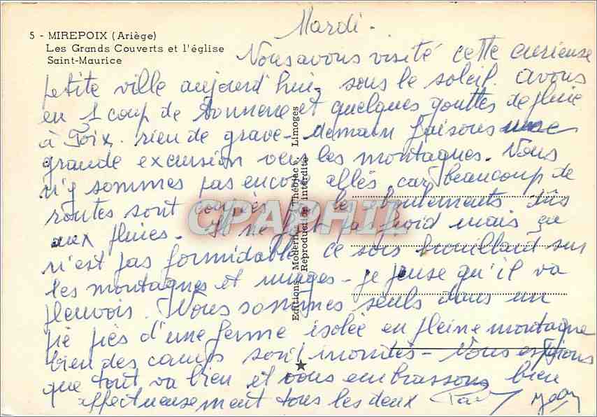 CPM Mirepoix Ariege Les Grands Couverts et l'eglise Saint Maurice  — Rückseite