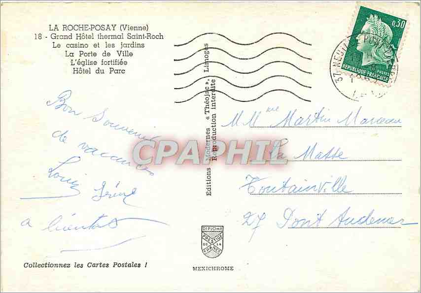 CPM La Roche Posay Vienne Grand Hotel thermal Saint Roch Le casino et les jardins  — Back