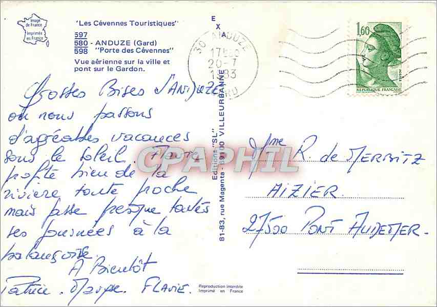 CPM Anduze Gard Porte des Cevennes Vue aerienne sur la ville et pont sur le Gardon  — Rückseite
