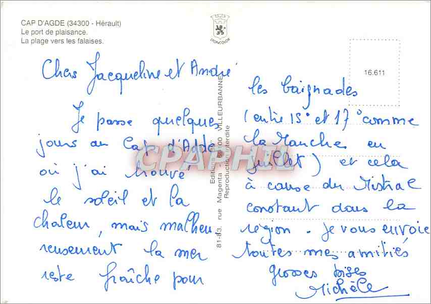 CPM Cap d'Agde Herault Le port de plaissance La plage vers les falaises  — Back