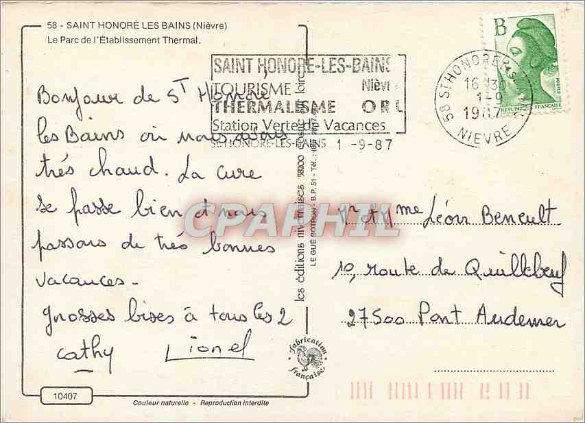 CPM Saint Honore les Bains Nievre Le Parc de l'Etablissement Thermal  — Rückseite