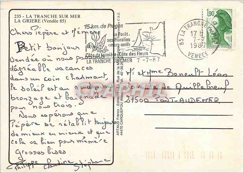 CPM La Tranche sur Mer La Griere Vendee  — Back