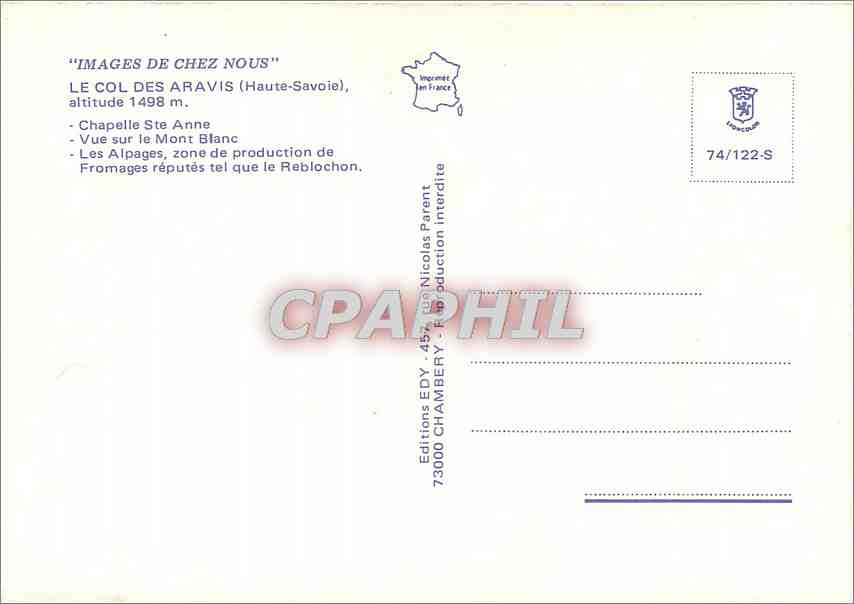 Le COL des ARAVIS — Haute-Savoie, altitude 1498 m — Éditeur EDY, n° 74/122-S — Reverso