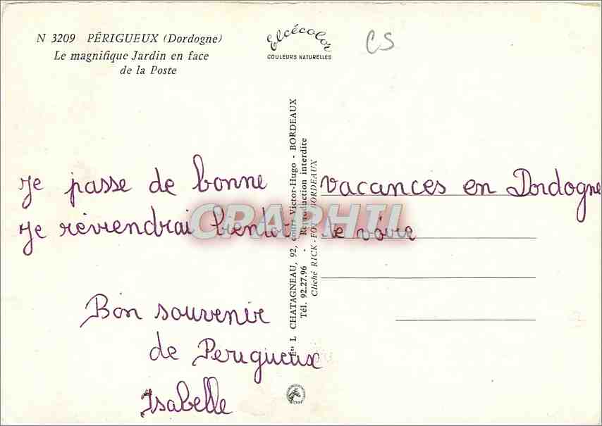 CPM Perigeux Dordogne Le magnifique Jardin en face de la Poste  — Rückseite