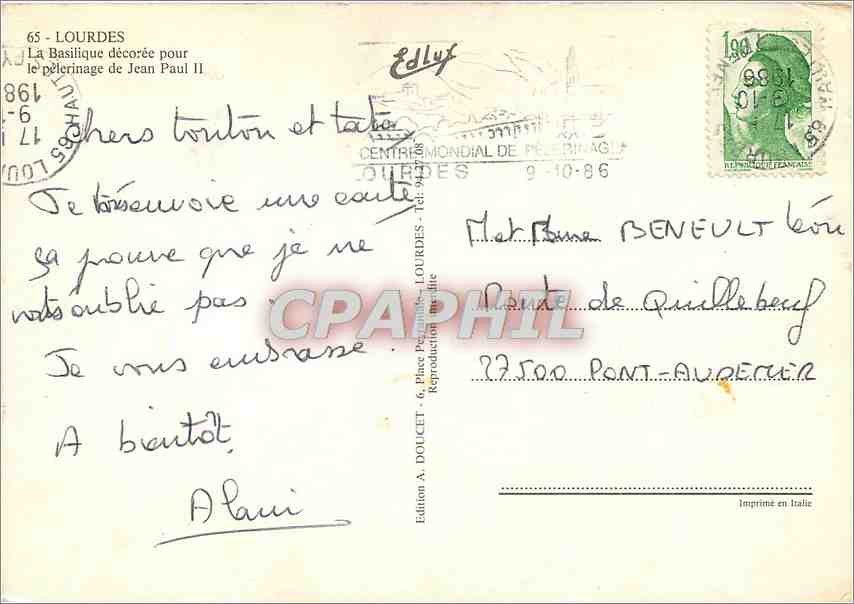 CPM Lourdes La basilique decoree pour le pelerinage de Jean Paul II  — Verso