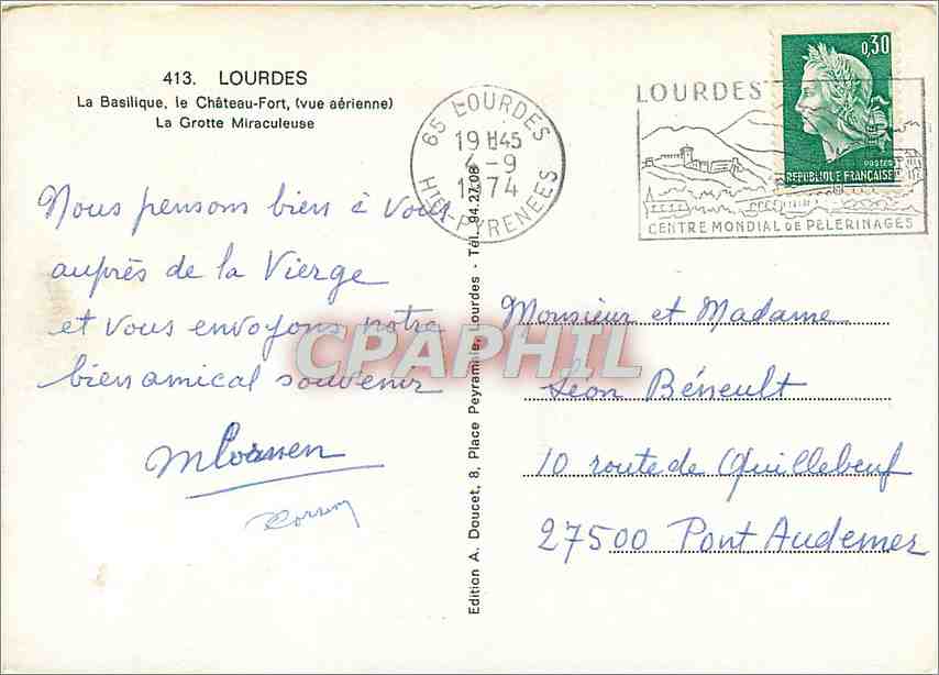 CPM Lourdes La Basilique Le Chateau Fort Vue aerienne  — Verso