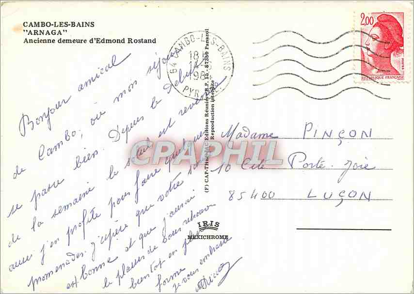CPM Cambo les Bains Arnaga Ancienne demeure d'Edmond Rostand  — Verso