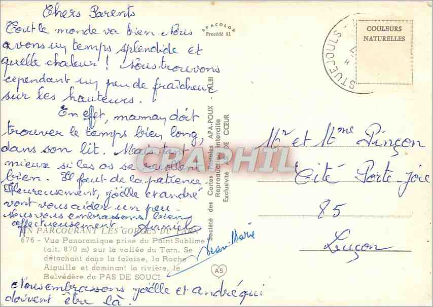 Vue panoramique des Gorges du Tarn — prise du Point Sublime — éditeur A.P.A.-POUX - ALBI — Verso