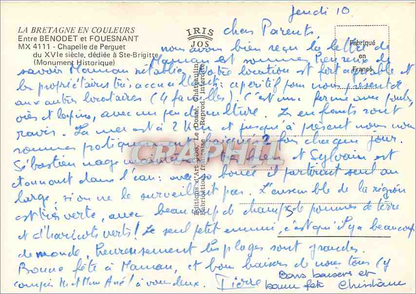 CPM Entre Benodet et Fouesnant  — Rückseite