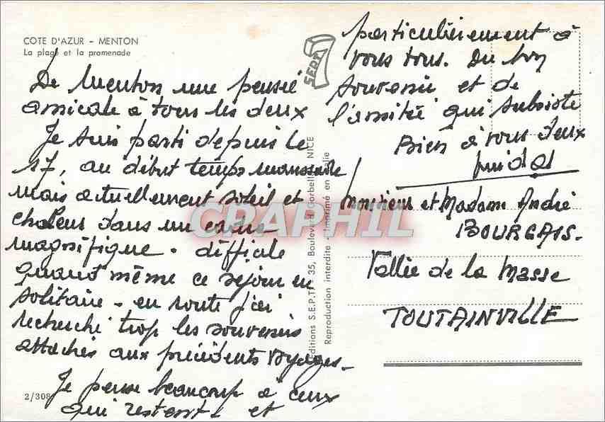 CPM Cote d'Azur Menton La plage et la promenade  — Rückseite