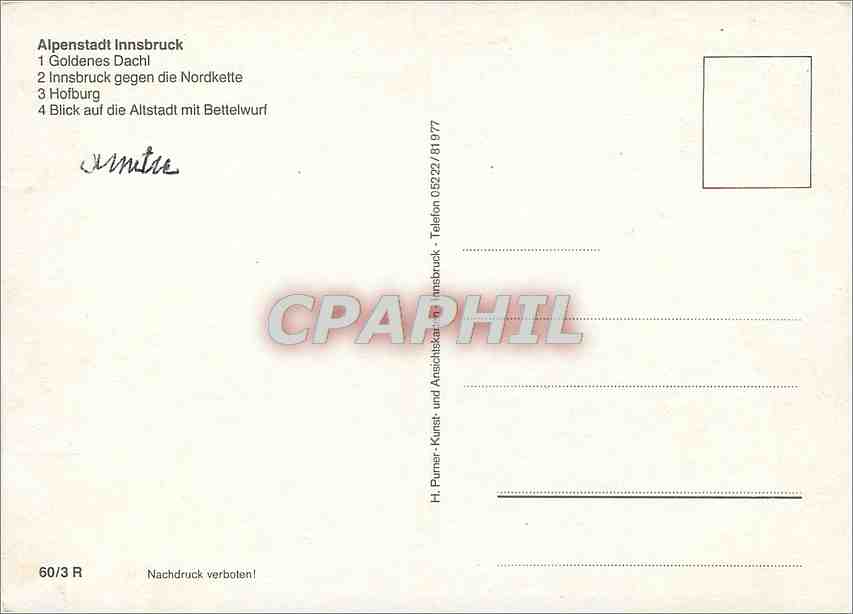 CPM Alpenstadt Innsbruck Goldenes Dachl Innsbruck gegen die Nordkette  — Rückseite