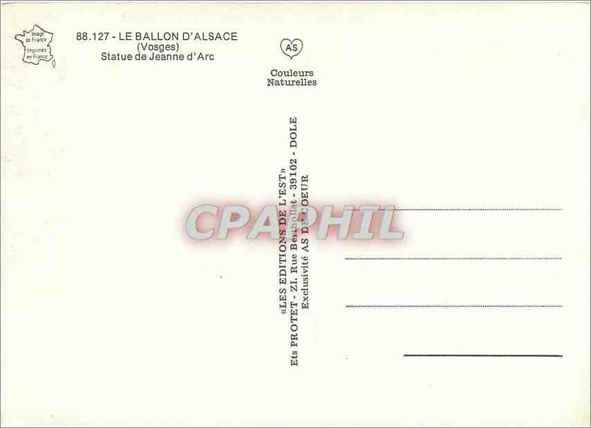 CPM Le Ballon d'Alsace Vosges Statue de Jeanne d'Arc  — Verso