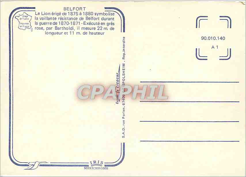 CPM Belfort Le Lion eriege symbolise la vaillante resistance de Belfort  — Verso
