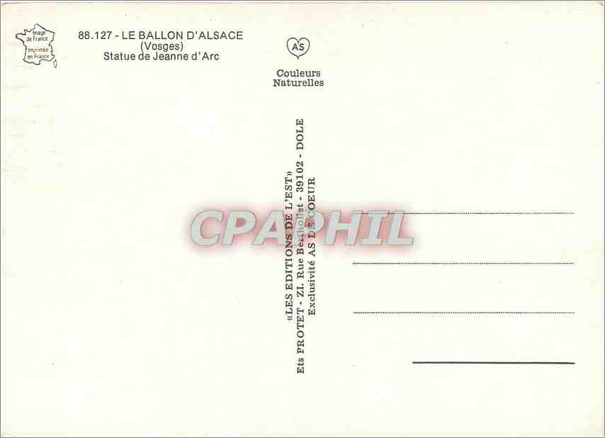 CPM Le Ballon d'Alsace Vosges Statue de Jeanne d'Arc  — Verso