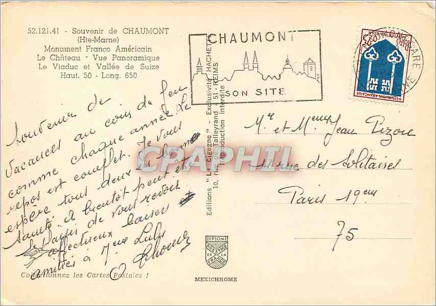 CPM Souvenir de Chaumont Hte Marne Monument Franco Americain  — Rückseite