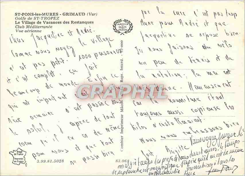 CPM St Pons les Mures Grimaud Var Golfe de St Tropez Club Mediterranee — Back