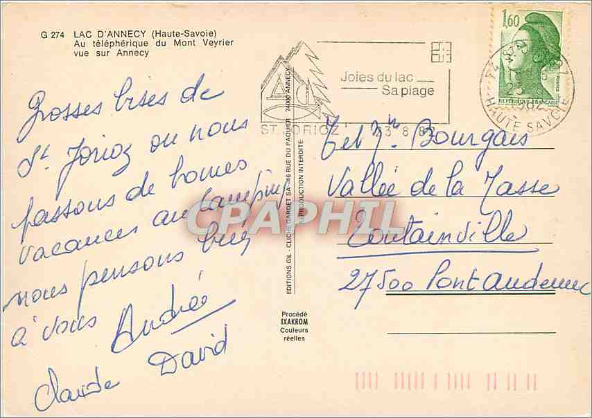Lac d'Annecy — vue sur Annecy du téléphérique du Mont Veyrier — Éditions Gil, G 274 — Rückseite