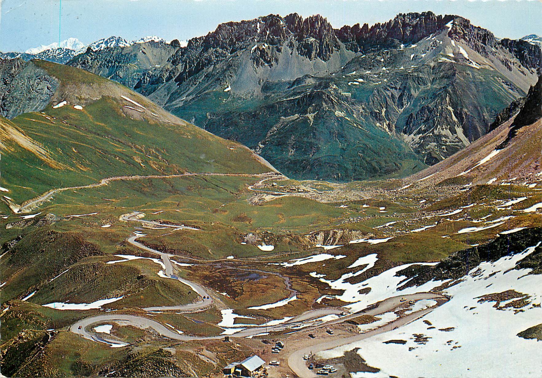 CPM Le Col du Galibier Savoie Les lacets de la Route du Col au fond le Mont Blanc 