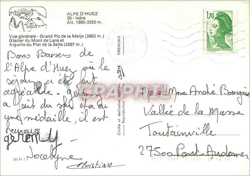 L'Alpe d'Huez — vue aérienne avec télésiège — éditeur Graphiphil, n° 38 H 73 — Verso
