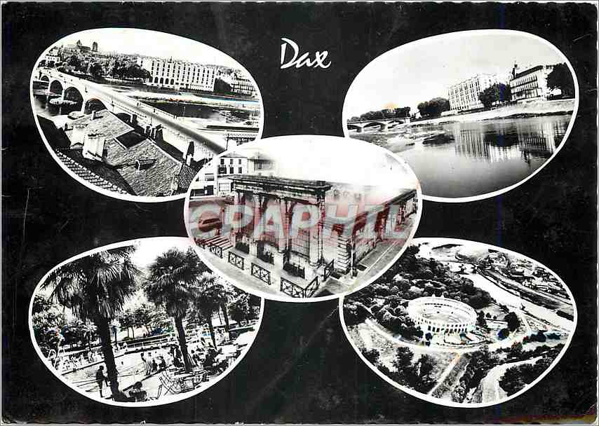 Dax — Vue panoramique avec pont, thermes, piscine et jardins — Réal-Photo