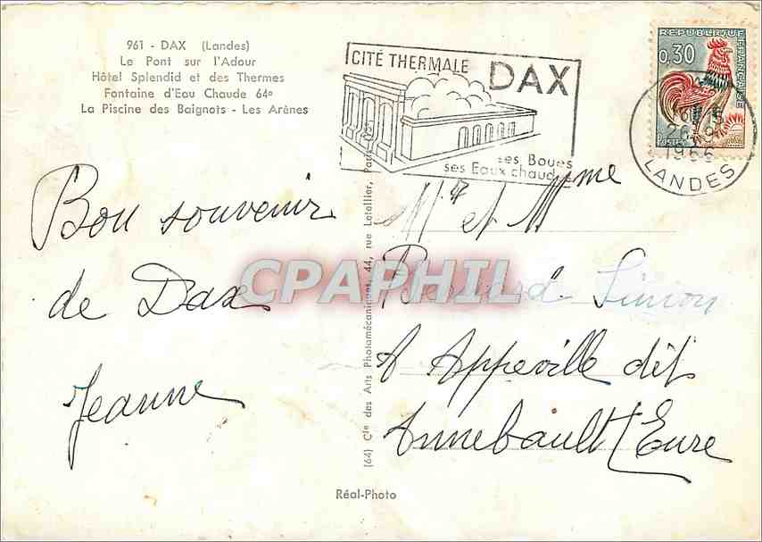 Dax — Vue panoramique avec pont, thermes, piscine et jardins — Réal-Photo — Rückseite