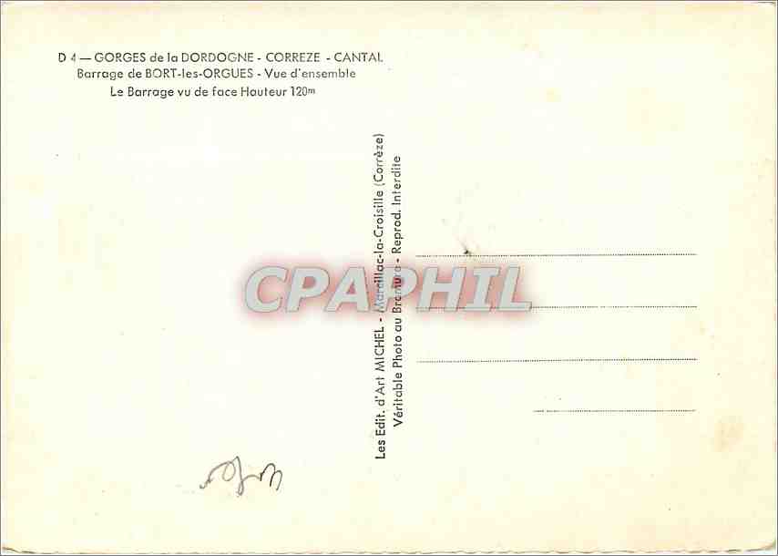 CPM Gorges de la Dordogne Correze Cantal Barrage de Bort les Orgues Vue d'ensemble  — Verso