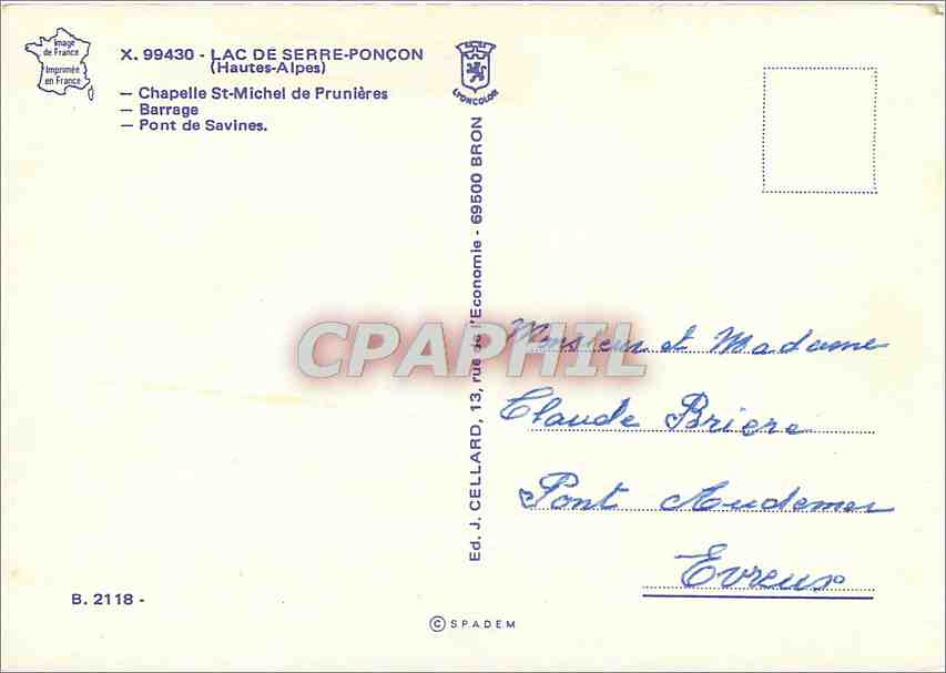 CPM Lac de Serre Poncon Hautes Alpes Chapelle St Michel de Prunieres Barrage Pont de Savines  — Rückseite