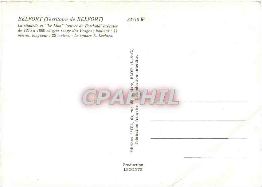 Belfort — Citadelle et Le Lion — Éditeur Estel — Verso