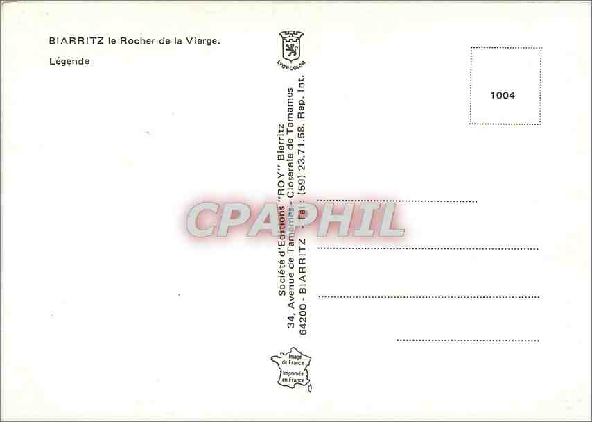 CPM Biarritz le Rocher de la Vierge  — Verso