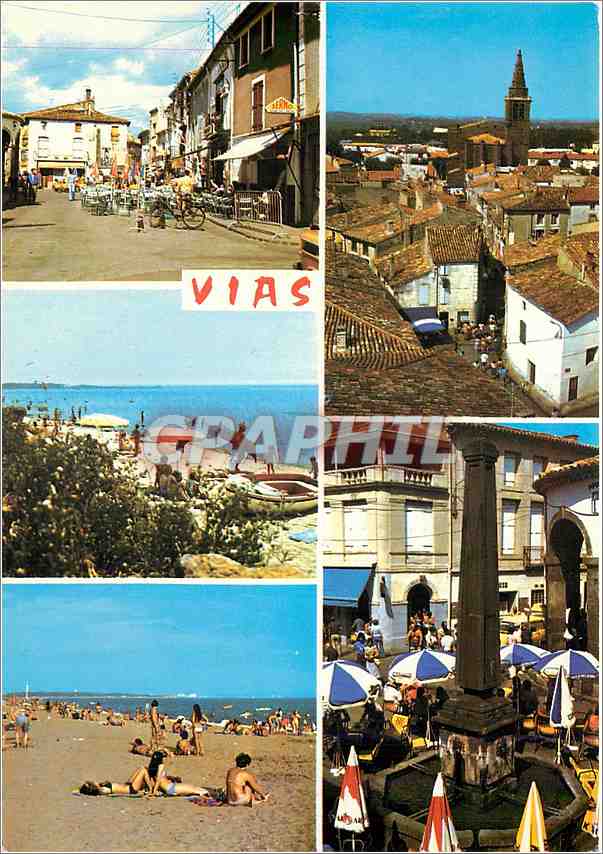 CPM Vias le centre ville l'eglise la plage de Farinette la place centrale 