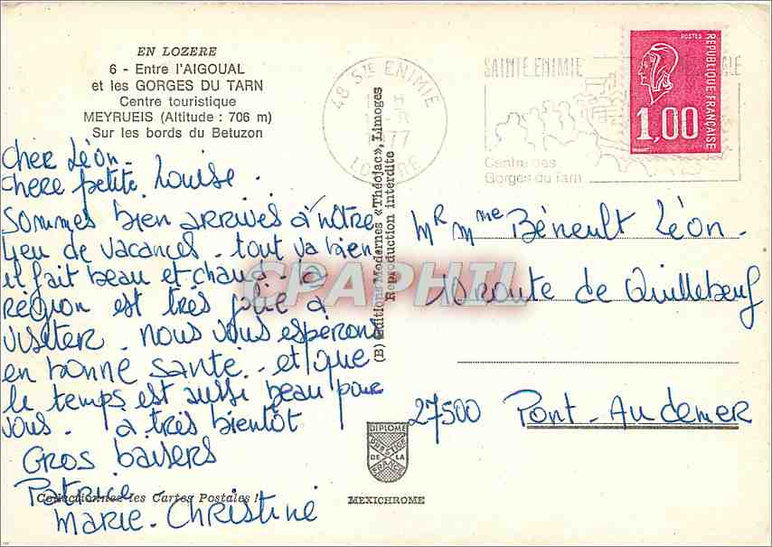 CPM En Lozere Entre l'Aigoual et les Gorges du Tarn  — Rückseite