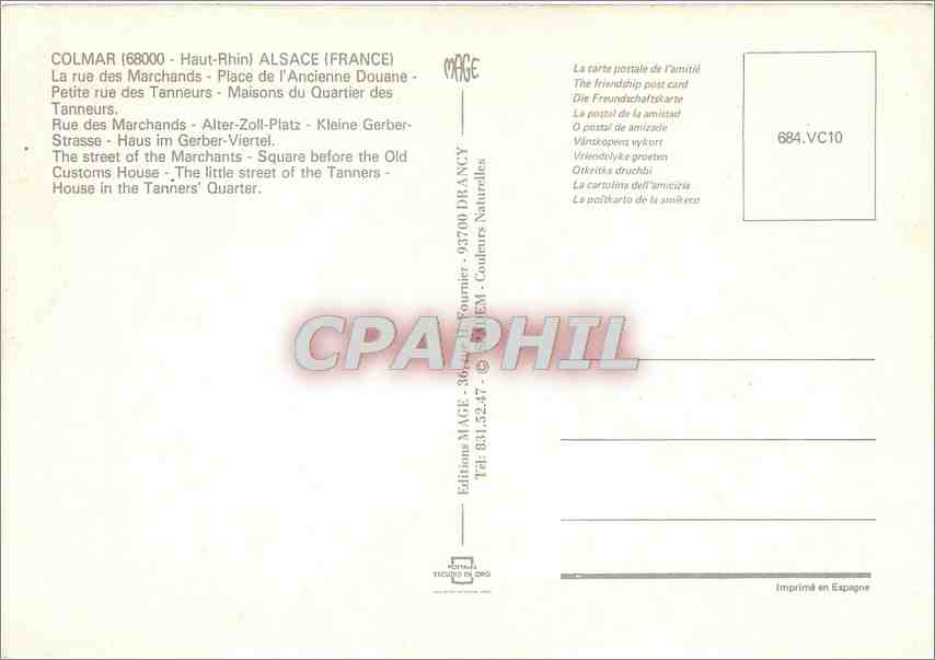 CPM Souvenir de Colmar Haut Rhin Alsace France  — Rückseite