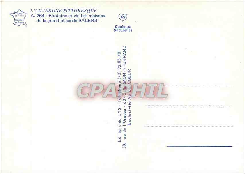 CPM L'Auvergne Pittoresque Fontaine et vieilles maisons de la grand place de Salers  — Rückseite