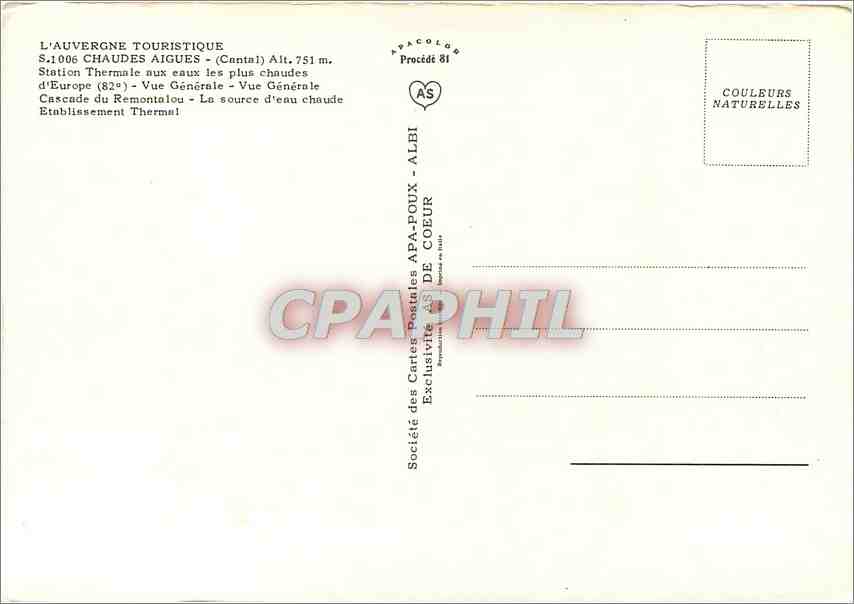 CPM Chaudes Aigues Cantal Station Thermale aux eaux les plus chaudes d'Europe  — Rückseite
