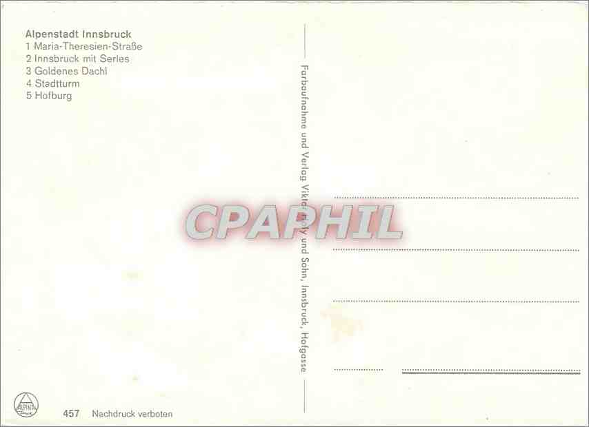 CPM Alpenstadt Innsbruck Maria Theresien Strasse Innsbruck mit Serles  — Rückseite