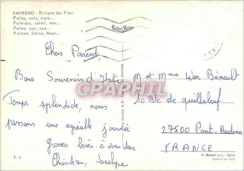 CPM Sanremo Riviera dei Fiori Palmiers soleil mer  — Rückseite