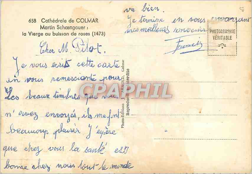 CPM Cathedrale de Colmar Martin Schoengauer la Vierge au buisson de roses  — Rückseite