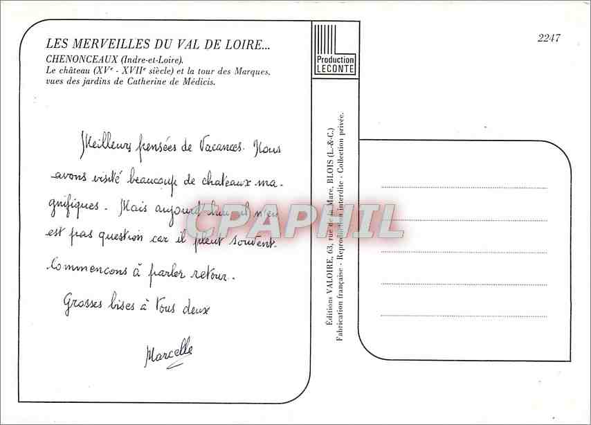CPM Chenonceaux Indre et Loire Le chateau et la tour des Marques  — Rückseite