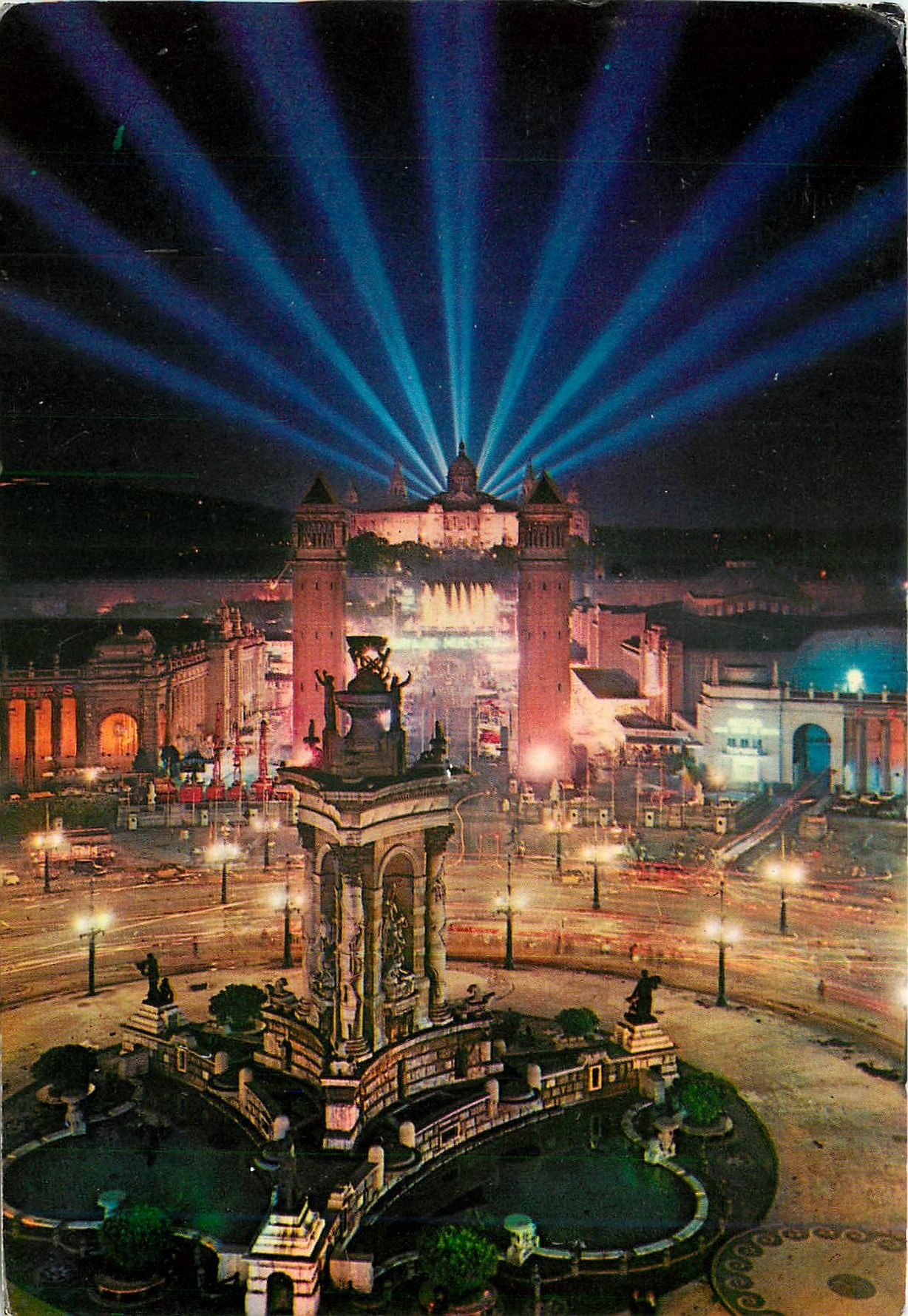 CPM Barcelona Place d'Espagne et Entree Exposition la Nuit 