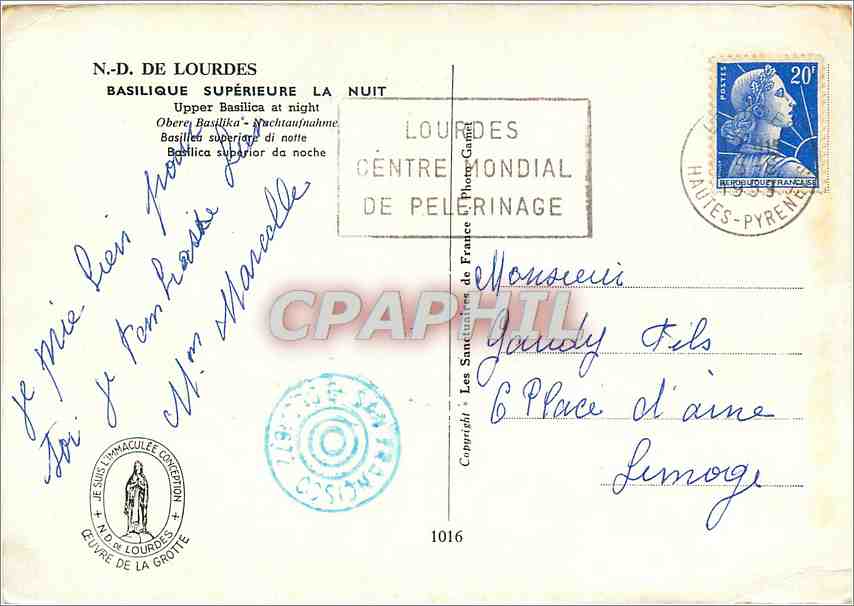 CPM ND de Lourdes Basilique Superiere La Nuit  — Verso