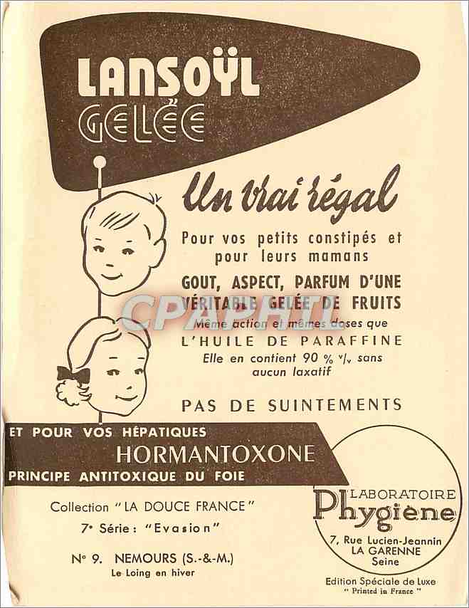 CPM Evasion Nemours SM Le Loing en hiver Publicite Lansoyl Gelee Laboratoire Phygiene — Rückseite