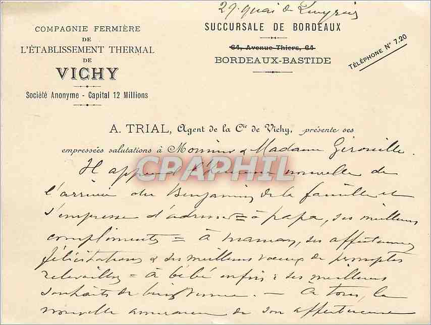 Carte de Visite Compagnie Fermiere de l'Etablissement Thermal de Vichy Bordeaux