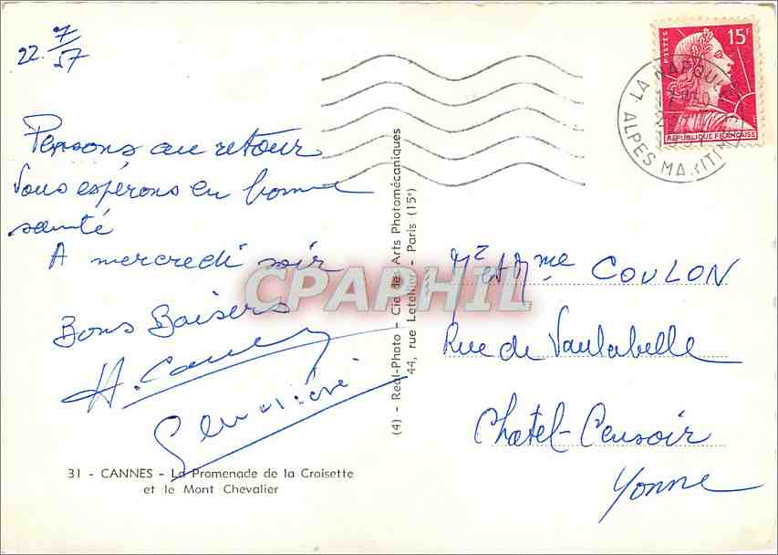 Cannes - La Promenade de la Croisette et le Mont Chevalier — Real-Photo, Paris (15) — Verso
