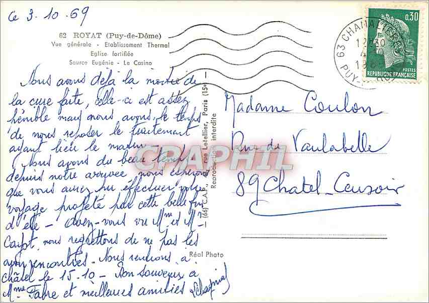 CPM Royat Puy de Dome Vue generale Etablissement Thermal  — Rückseite
