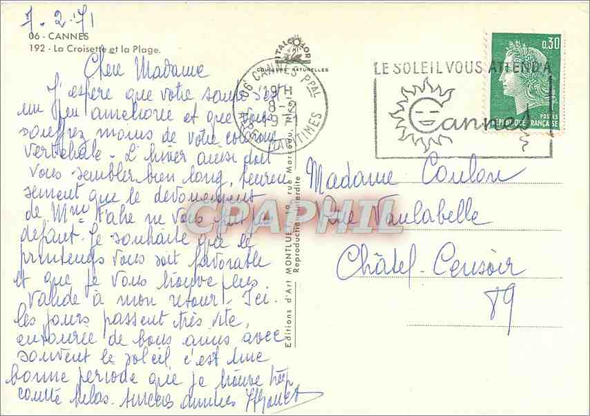 Cannes - La Croisette et la Plage — Éditions d'Art Montluçon, n°192 — Rückseite