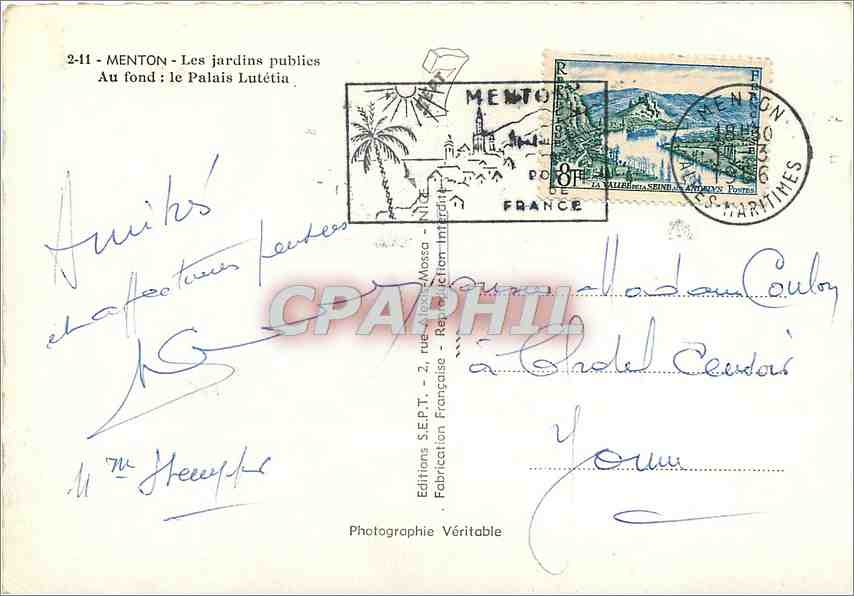 CPM Menton Les jardins publics Au fond le Palais Lutetia  — Rückseite