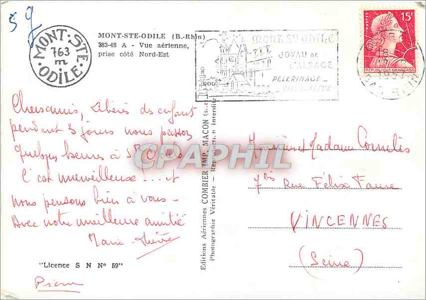 CPM Mont Ste Odile B Rhin Vue aerienne prise cote Nord Est  — Verso